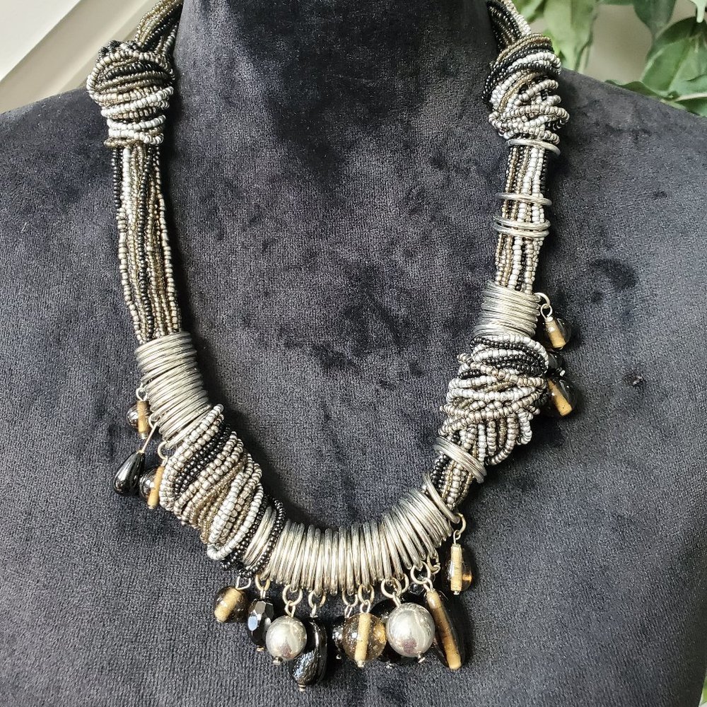 Women's Gray Multilayer Round Beaded Pearl Chunky Fashion Jewelry Necklace